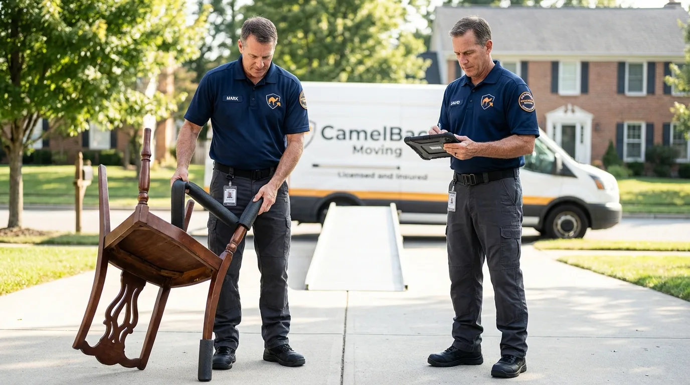 Movers inspecting furniture for damage prevention before loading in Rio Rancho, NM