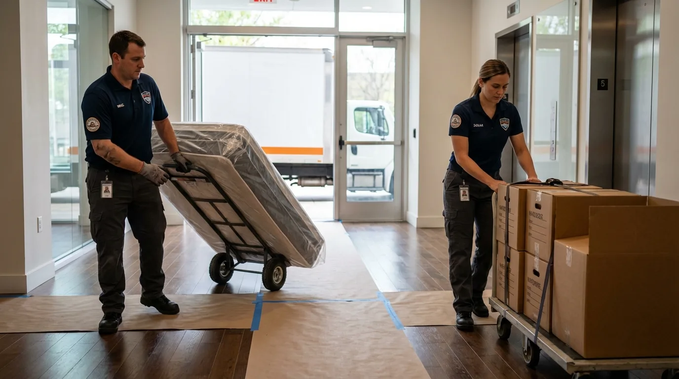 Professional apartment movers loading elevator in Rio Rancho, NM